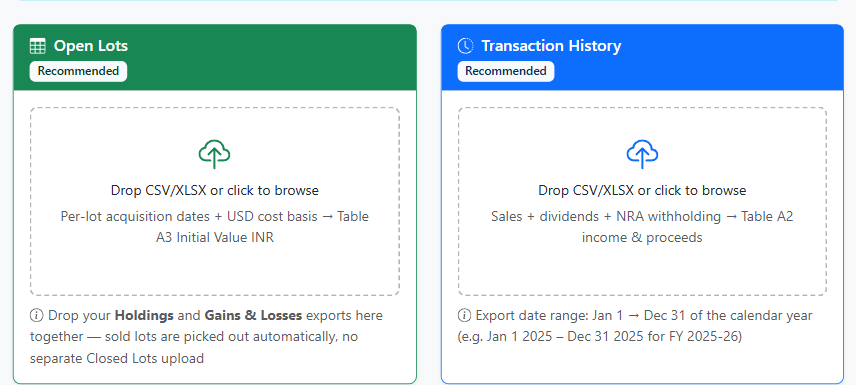 ITRFA.in upload form showing the two E*TRADE upload slots — Open Lots and Transaction History