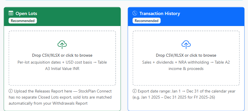 ITRFA.in upload form showing the two Morgan Stanley StockPlan Connect upload slots — Releases Report as Open Lots and Withdrawals Report as Transaction History